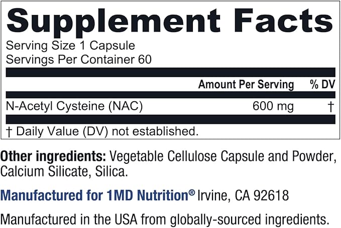 1MD Nutrition NAC Supplement N-Acetyl Cysteine 600 mg 60 capsules
