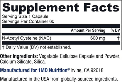 1MD Nutrition NAC Supplement N-Acetyl Cysteine 600 mg 60 capsules
