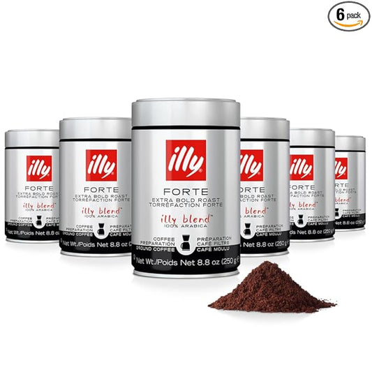 illy Drip Coffee - Ground Coffee - 100% Arabica Ground Coffee – Forte Extra Dark Roast - Notes of Dark Chocolate & Toasted Bread Aroma - No Preservatives – Rich & Strong – 8.8 Ounce, 6 Pack