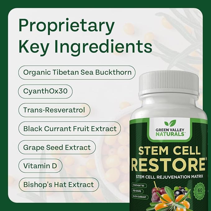 Stem Cell Restore - Regenerative Healing - Healthy Aging Reset - Brain and Cognitive Support - Cartilage, Heart and Kidney Repair - Organic Tibetan Sea Buckthorn (3 Bottles, 180 Count)