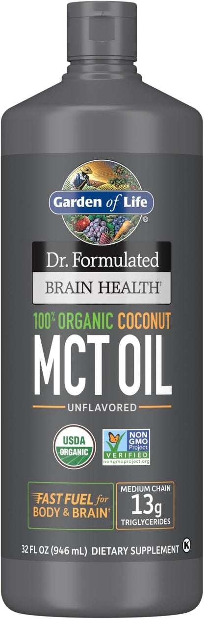 Garden of Life Dr. Formulated Brain Health 100% Organic Coconut MCT Oil 32 fl oz Unflavored, 13g MCTs, Keto & Paleo Diet Friendly Body & Brain Fuel, Certified Non-GMO Vegan & Gluten Free, Hexane-Free