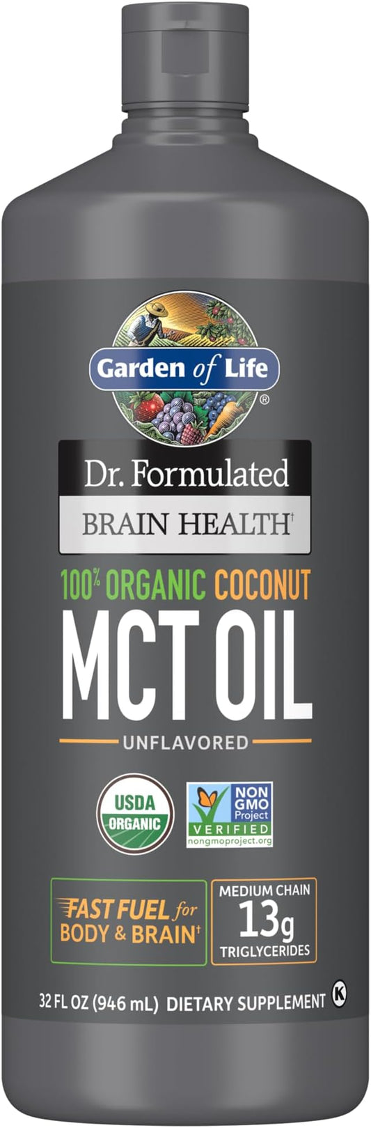 Garden of Life Dr. Formulated Brain Health 100% Organic Coconut MCT Oil 32 fl oz Unflavored, 13g MCTs, Keto & Paleo Diet Friendly Body & Brain Fuel, Certified Non-GMO Vegan & Gluten Free, Hexane-Free