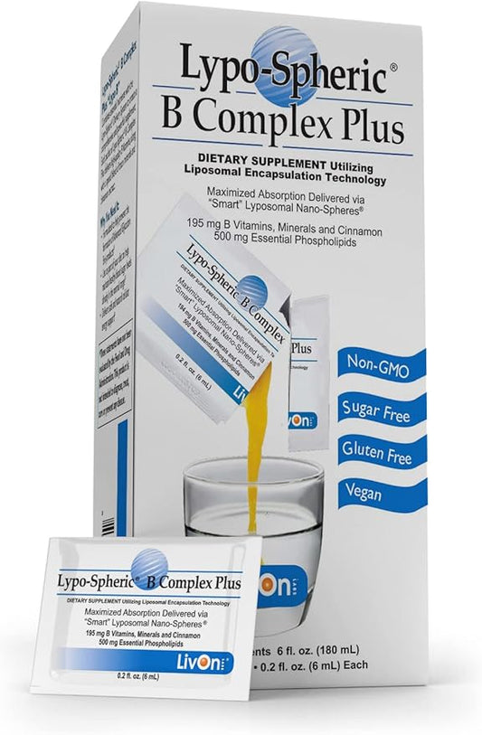 Lypo–Spheric B Complex Plus – 30 Packets – 195 mg B Vitamins, Minerals & Cinnamon Per Packet – Liposome Encapsulated for Improved Absorption – 100% Non–GMO