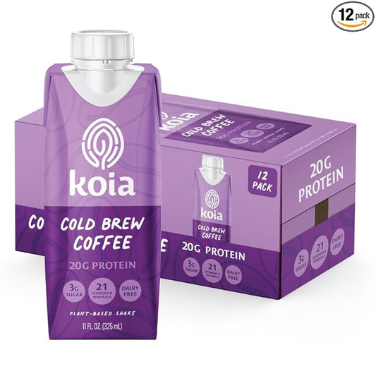 Koia - Plant Based Protein Shake - Cold Brew Coffee - 20g Protein, 3g Sugar, 6g Prebiotic Fiber, 21 Vitamins & Minerals - Dairy Free, Soy Free, Non GMO - Meal Replacement Drinks - 11 fl oz, 12 Bottles