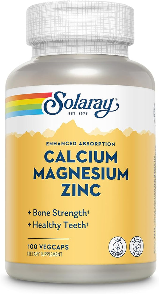 SOLARAY Calcium Magnesium Zinc Supplement 1000mg, Magnesium 500mg - 60 Day 25 Servings, 100 VegCaps