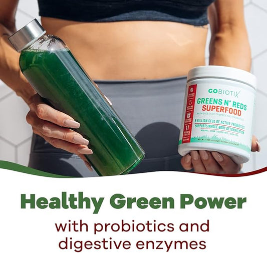 GOBIOTIX Super Greens and Reds Powder - Red and Green Superfood - Probiotic Supplement - Digestive Enzymes and Beet Root Powder - Organic Whole Foods Dietary Supplement (Pom Raspberry, 2 Pack)