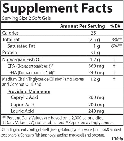 Carlson - MCT & Omega-3, Coconut Oil, Caprylic & Capric Acids, EPA & DHA, Energy Production, Fat Metabolism & Brain Health, 120+30 Softgels