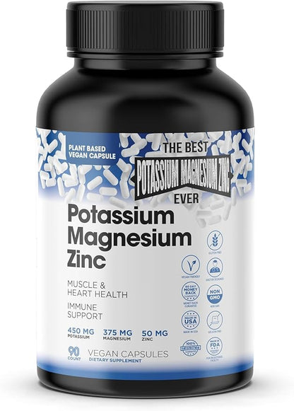 Magnesium Potassium Supplements w/Zinc - 90 Capsules - Magnesium Potassium Zinc for Vascular Health – High Absorption Vegan Potassium Magnesium Supplement for Leg Cramps & Sleep