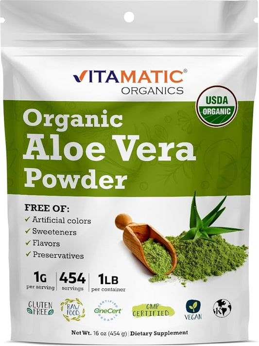 Vitamatic Certified USDA Organic Aloe Vera 1 Pound (16 Ounce)