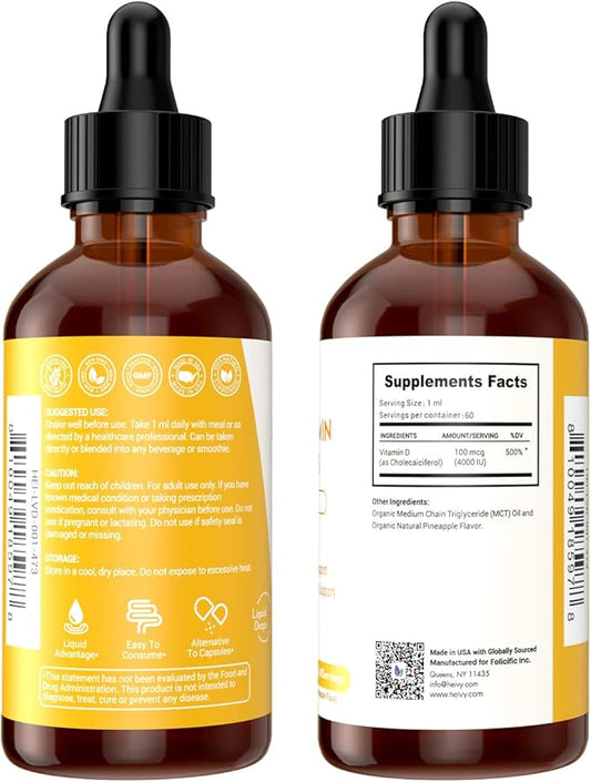 Liquid Vitamin D Drops 4000 IU (100 mcg), Vitamin D3 for Bone Health Support, Pineapple Flavor Vegan VIT D3 Drops, Made in USA, 60 Servings 2 Fl Oz (60ml)