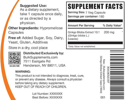 BulkSupplements.com Ginkgo Biloba Extract Capsules 2000mg, Ginkgo 1 Capsule 180 Veg