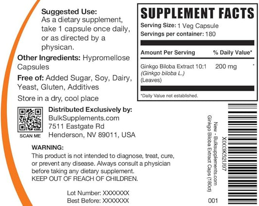 BulkSupplements.com Ginkgo Biloba Extract Capsules 2000mg, Ginkgo 1 Capsule 180 Veg
