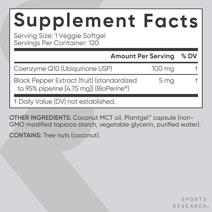 Sports Research CoQ10 (100mg) Enhanced w/Coconut (120 Veggie