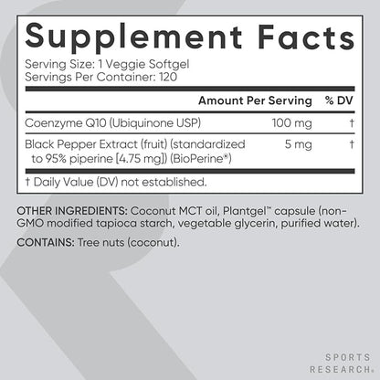 Sports Research CoQ10 (100mg) Enhanced w/Coconut (120 Veggie
