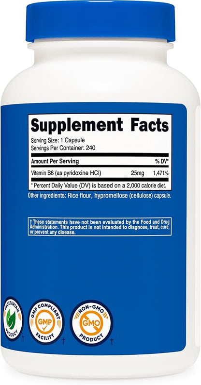 Nutricost Vitamin B6 (Pyridoxine HCl) 25mg, 240 Capsules