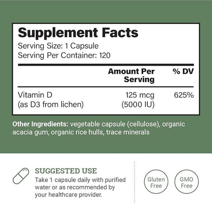 Vegan Vitamin D3 5000 iu Supplement D3 Vitamin 5000 iu 5000 iu 120 Capsules, 4-Month Supply D3