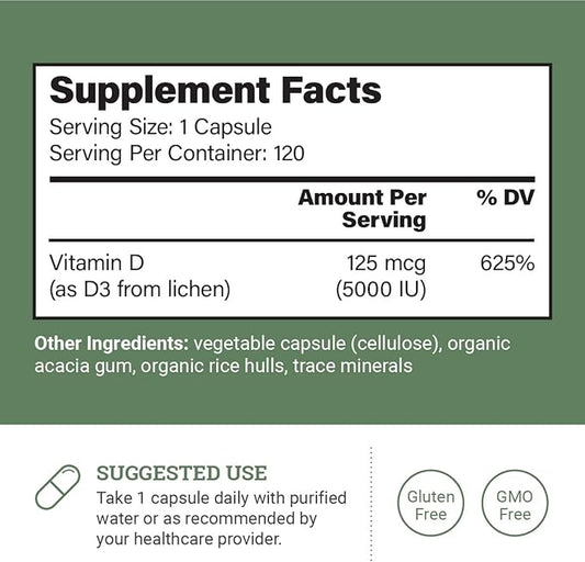 Vegan Vitamin D3 5000 iu Supplement D3 Vitamin 5000 iu 5000 iu 120 Capsules, 4-Month Supply D3