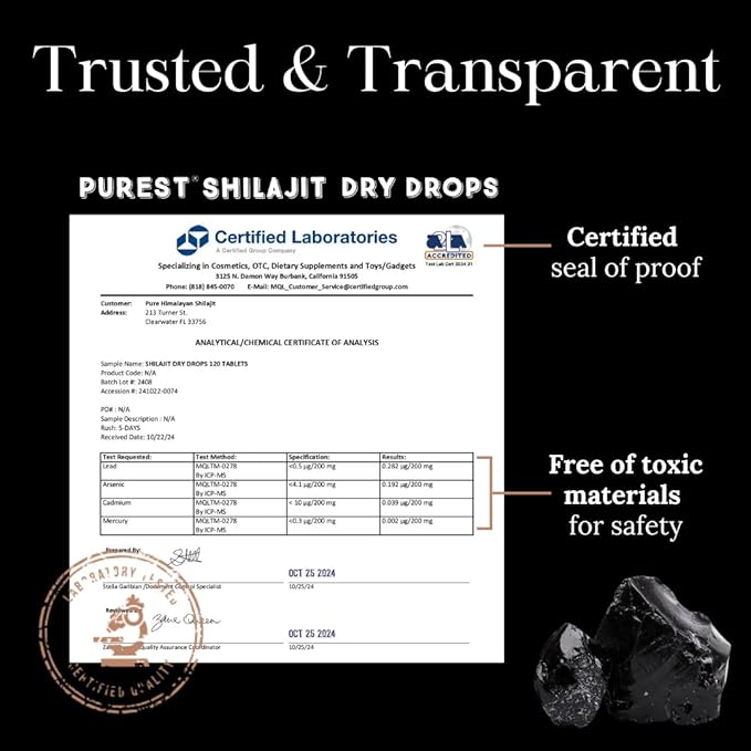 Pure Himalayan Shilajit Dry Drops, 100% Pure Natural Shilajit, Grade A, Max Potency 85+ Clean Trace Minerals & Fulvic Acid for Energy, Metabolism & Immune Support Supplement for Men & Women (60 tabs)