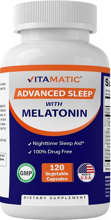Vitamatic Advanced Sleep Aid with Melatonin 120 Vegetable B6, Magnesium, 5-HTP, GABA,