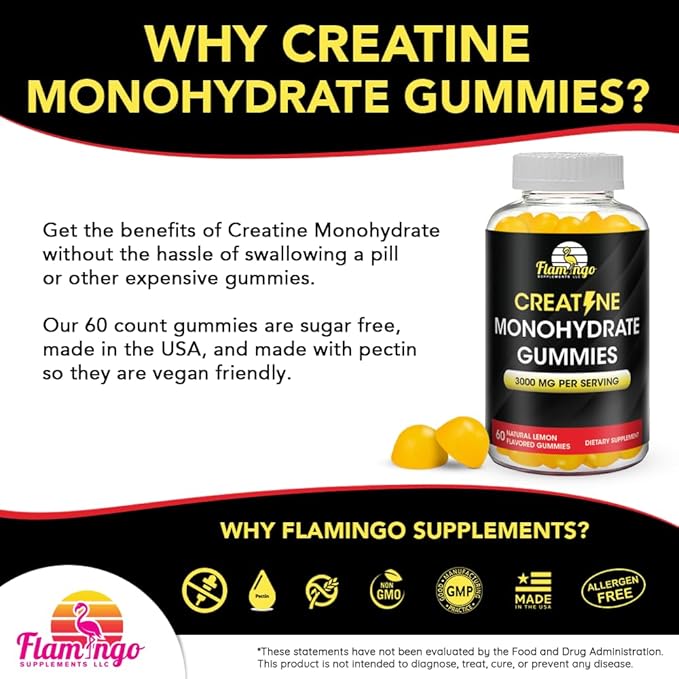 Creatine Gummy Supplement- Lemon Flavored Creatine Monohydrate Pre Workout Chews for Energy Boost, Creatine Supplement for Building Muscle and Strength, Vegan, Non-GMO 90 Count