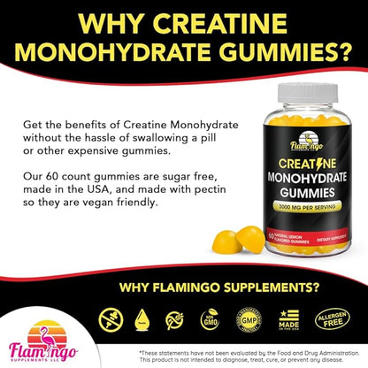 Creatine Gummy Supplement- Lemon Flavored Creatine Monohydrate Pre Workout Chews for Energy Boost, Creatine Supplement for Building Muscle and Strength, Vegan, Non-GMO 90 Count