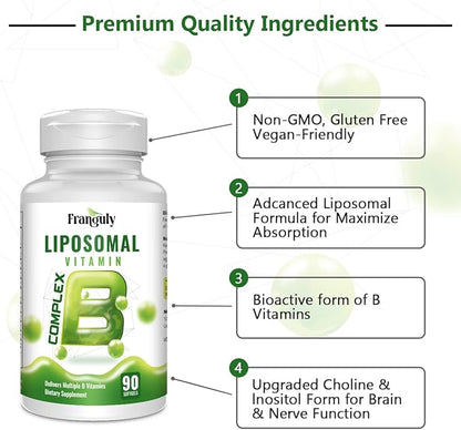 Active B Complex Liposomal B Vitamins with Plus Choline Inositol High Potency B Complex B1, B2, B3, B5, B6, Biotin, Folate, B12 Methylcobalamin- Supports Energy and Brain Health - 270 Softgels