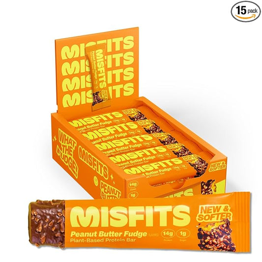 Misfits Vegan Protein Bars, Peanut Butter Fudge - Updated Recipe | Plant Based, Low Sugar & Carb, High Fiber Snacks | Pack of 15