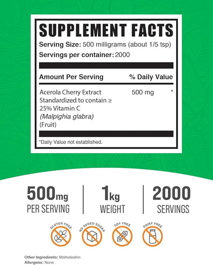 BulkSupplements.com Acerola Cherry Extract Powder 500mg per 1kg (2.2 (2.2 lbs) 1)