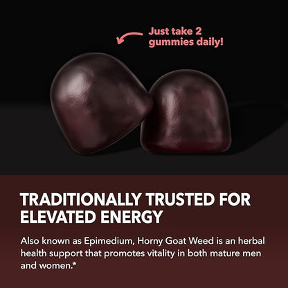 Horny Goat Weed Gummies with Vitamin B12 - Energy, Endurance & Performance Support for Men and Women - Enhanced with B12 Vitamins for Mood & Male Health Support - 60 Raspberry Vegan Gummies