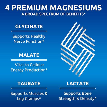 Zentastic 4-in-1 Magnesium Complex - Chelated Magnesium Glycinate, Malate, Taurate & Lactate - High Absorption for Nerves, Immune, Bones, Muscles - Magnesium Supplement - 120 Magnesium Capsules