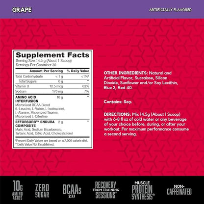 BSN Amino X Muscle Recovery & Endurance Powder with BCAAs, Intra Workout Support, 10 Grams of Amino Acids, Keto Friendly, Caffeine Free, Flavor: Grape, 30 Servings (Packaging May Vary)