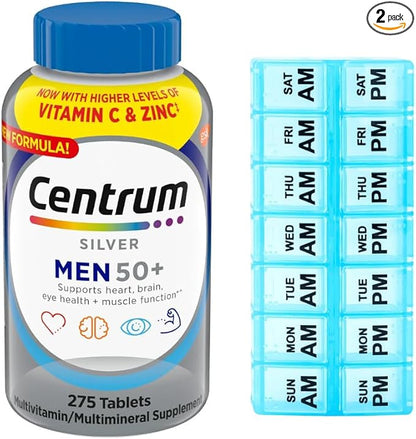 WW Centrum Silver Men's Multivitamin for Men 50 Plus 275 Tablets, Multivitamin/Multimineral Supplement with Vitamin D3, B Vitamins + 7-Day Travel Pill Organizer