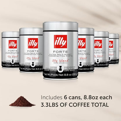 illy Drip Coffee - Ground Coffee - 100% Arabica Ground Coffee – Forte Extra Dark Roast - Notes of Dark Chocolate & Toasted Bread Aroma - No Preservatives – Rich & Strong – 8.8 Ounce, 6 Pack