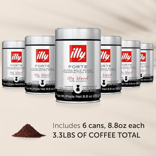 illy Drip Coffee - Ground Coffee - 100% Arabica Ground Coffee – Forte Extra Dark Roast - Notes of Dark Chocolate & Toasted Bread Aroma - No Preservatives – Rich & Strong – 8.8 Ounce, 6 Pack