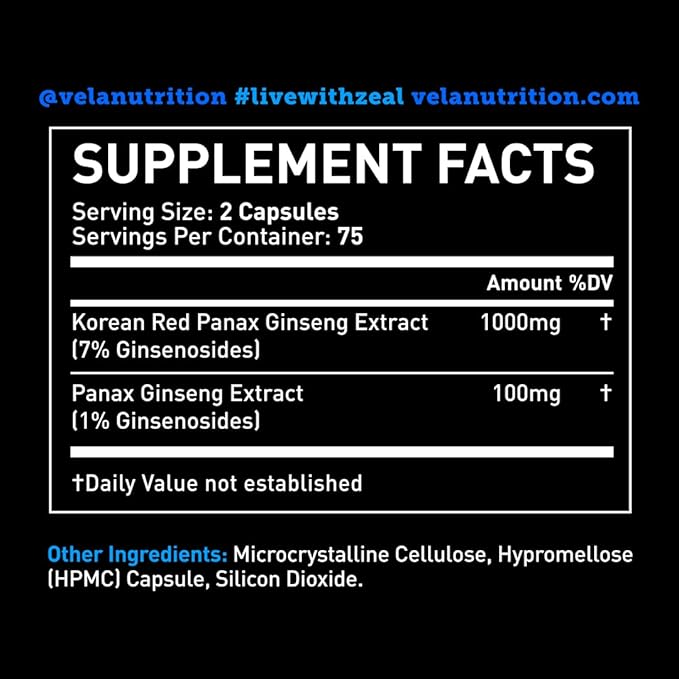Vela Red Korean Panax Ginseng Supplement 1,100mg per 3rd Party 150 Capsules