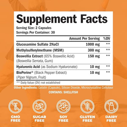 Glucosamine Sulfate with Hyaluronic Acid, Bioperine, 5-in-One Joint 60 Capsules
