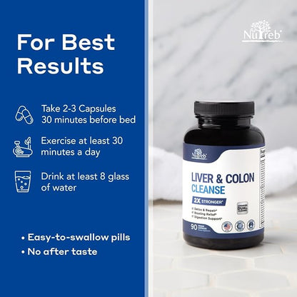 Liver Detox & Colon Cleanse - 2X Stronger Cleanse - Liver Cleanse Detox & Repair - Colon Cleanser & Detox - Premium Liver Support Supplement - Men & Women - Vegan 90 Capsules
