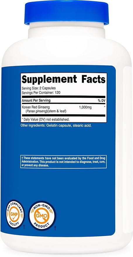 Nutricost Korean Ginseng 1000mg Serving, 240 Capsules 1000mg Potent 500mg Per