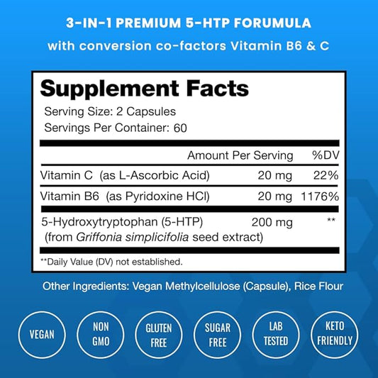 NutraChamps 5-HTP 200mg 120 Vegan 5 HTP 5HTP 100mg 100mg Pills B6 &