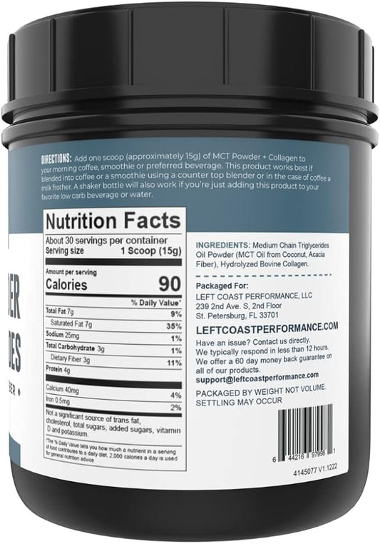 MCT Oil Powder + Keto Collagen Peptides + Acacia Fibre 16oz (Unflavored). 10g MCT, 5g Collagen. MCT Collagen for Coffee Creamer, Shakes, Smoothies, Ketogenic Low Carb Protein Powder
