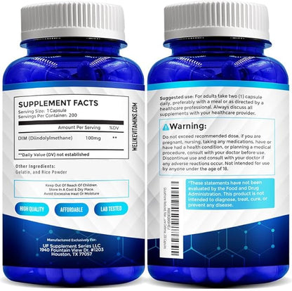 We Like Vitamins DIM 100mg 200 Capsules - 200 Day Supply - Diindolylmethane DIM Supplement for Support with Healthy Estrogen and Hormone Levels