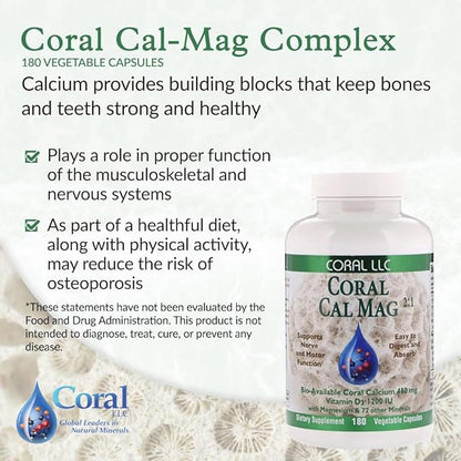 Coral Cal-Mag - Bioavailable Coral Calcium 2:1 Ratio 1200 International D3-180 Vegetarian