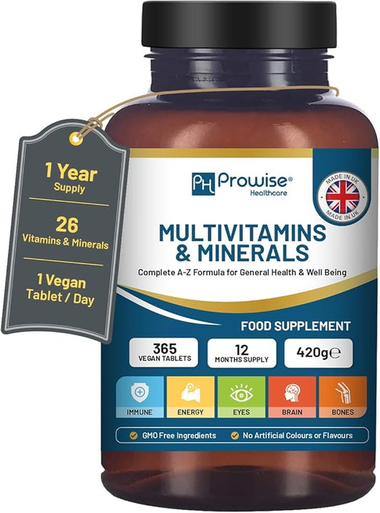 A-Z Multivitamins & Minerals I 365 Vegan Tablets (1 Year Supply) I 26 Essential Active Vitamins, Minerals & Micronutrients for Men and Women I Made in The UK by Prowise Healthcare