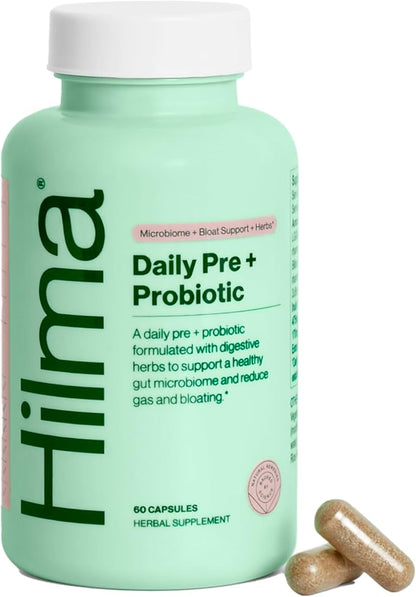 Hilma Daily Pre + Probiotic + Herbs – Support Gut Health with Prebiotics and Probiotics Plus Gas and Bloating Relief for Women & Men – 60 Vegan Capsules