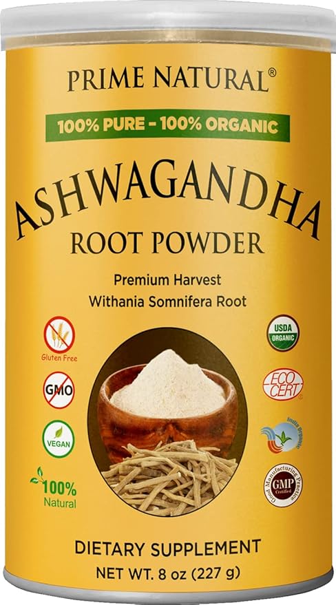 PRIME NATURAL Organic Ashwagandha Root Powder 8oz