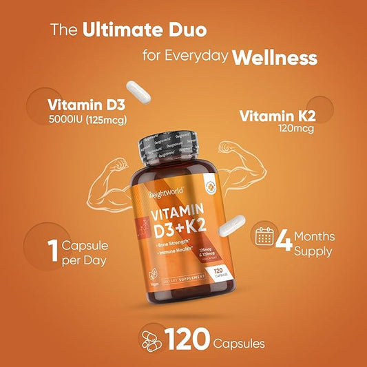 WeightWorld Vegan Vitamin D3 K2-120 Capsules - 5000 IU D3 & K2 120mcg for Bone Strength & Immune Health – K2 D3 Vitamin Supplement Plant-Based Cholecalciferol from Wild-Harvested Lichen