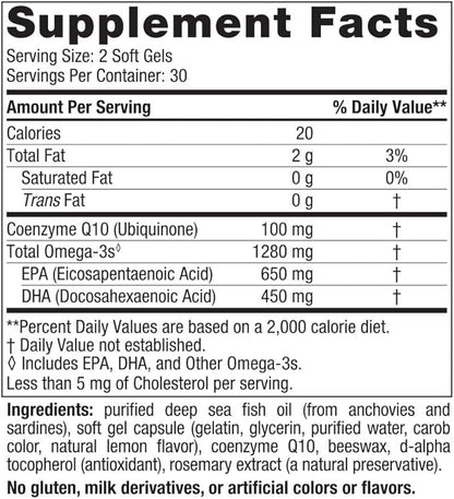 Nordic Naturals Ultimate Omega + CoQ10, Lemon 60 Soft 1280 mg Omega-3 + 100 mg CoQ10 - 30 Servings