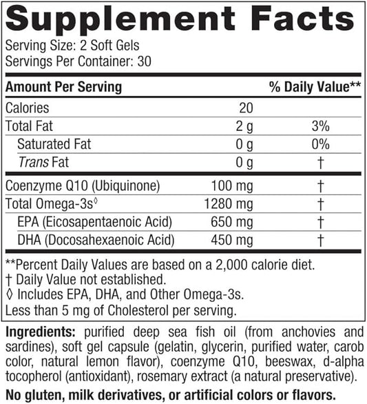 Nordic Naturals Ultimate Omega + CoQ10, Lemon 60 Soft 1280 mg Omega-3 + 100 mg CoQ10 - 30 Servings