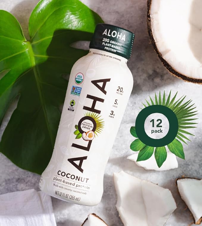 ALOHA Organic Plant Based Coconut Protein Shake w/MCT Oil (12 ct, 12oz Bottle) 20g Protein, Meal Replacement, Low Sugar & Carb, Gluten-Free, Paleo, Non-GMO, No Soy, Stevia or Sugar Alcohol…