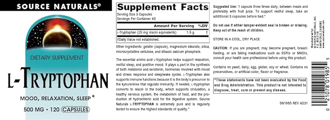 Source Naturals L-Tryptophan, for Mood, Relaxation, 500mg - 120 Capsules
